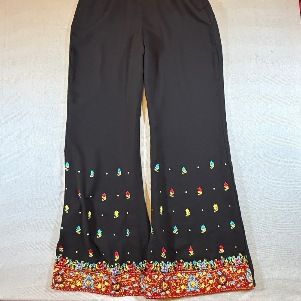 Vintage Wide Leg Black Pants Floral Embroidered Sequin Hem High Waist Boho 2406